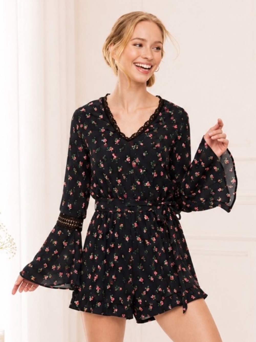 Disney Black Floral Romper Bell Sleeve Boho Princess Tie Waist NWT L